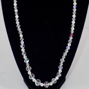 AB Aurora Borealis Crystal Graduated Beaded Necklace 21" 50s Vtg Magnetic Clasp